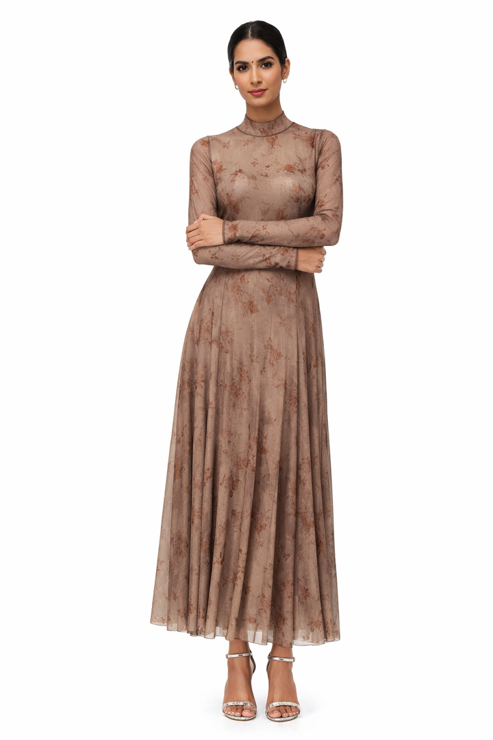 High-Neck Long Sleeve Jacquard Maxi Dress – ELYSIA