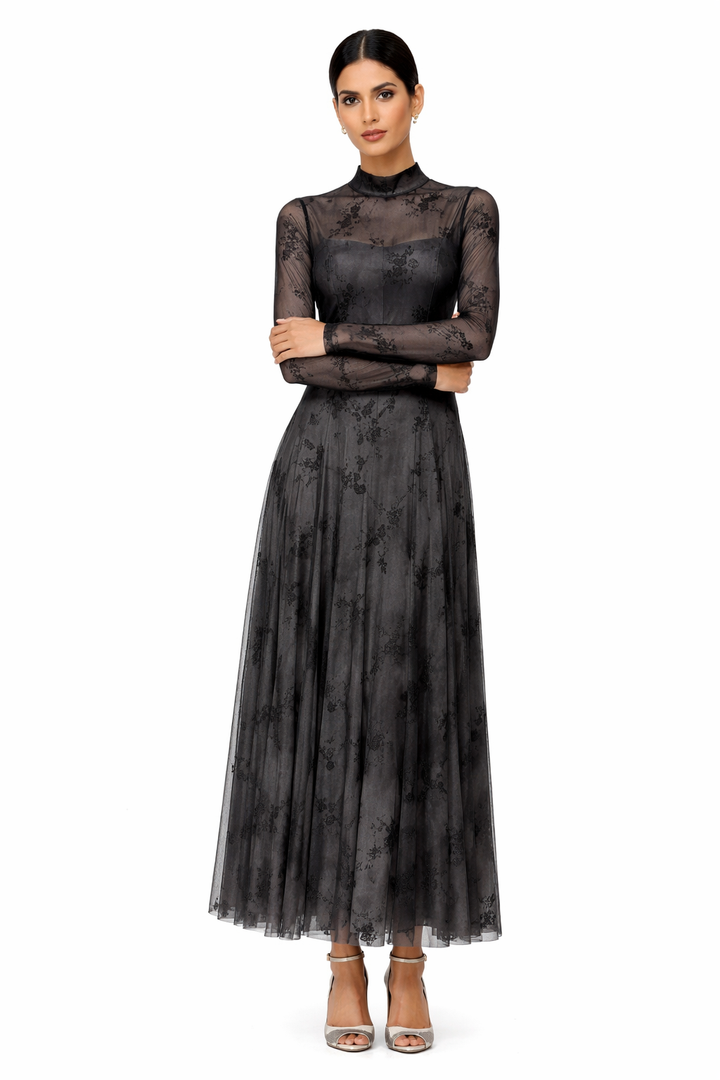 High-Neck Long Sleeve Jacquard Maxi Dress – ELYSIA