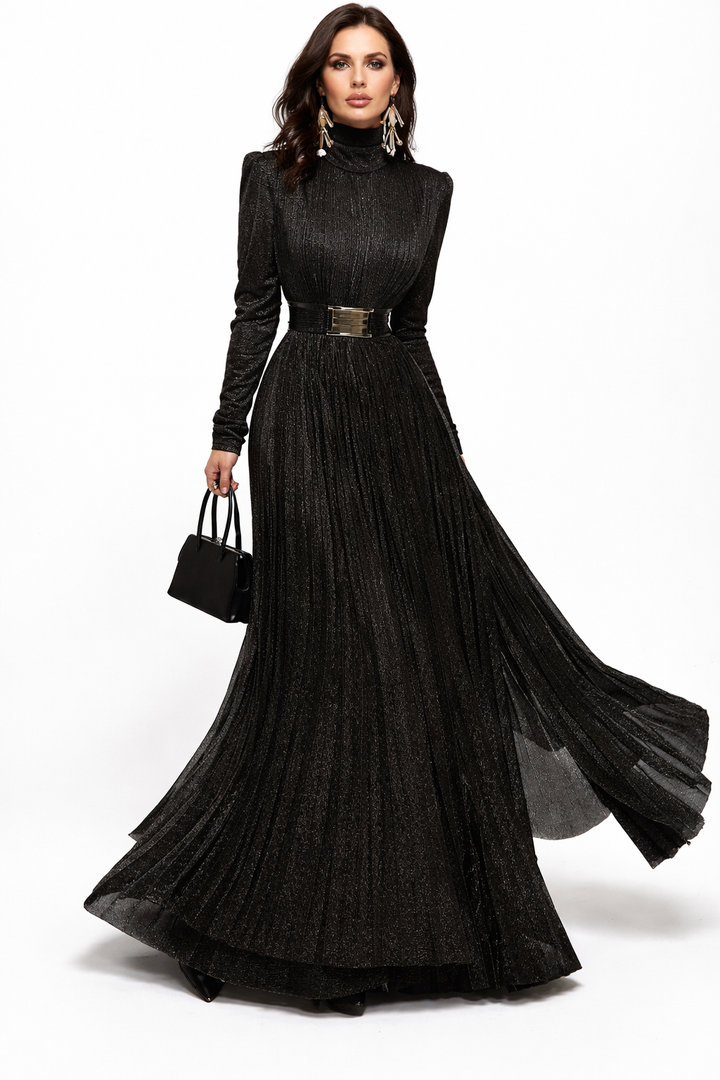 High-Neck Metallic Pleated Maxi Dress with Belt – OBSIDIAN