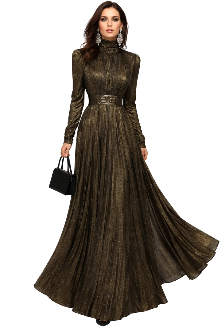 High-Neck Metallic Pleated Maxi Dress with Belt – OBSIDIAN