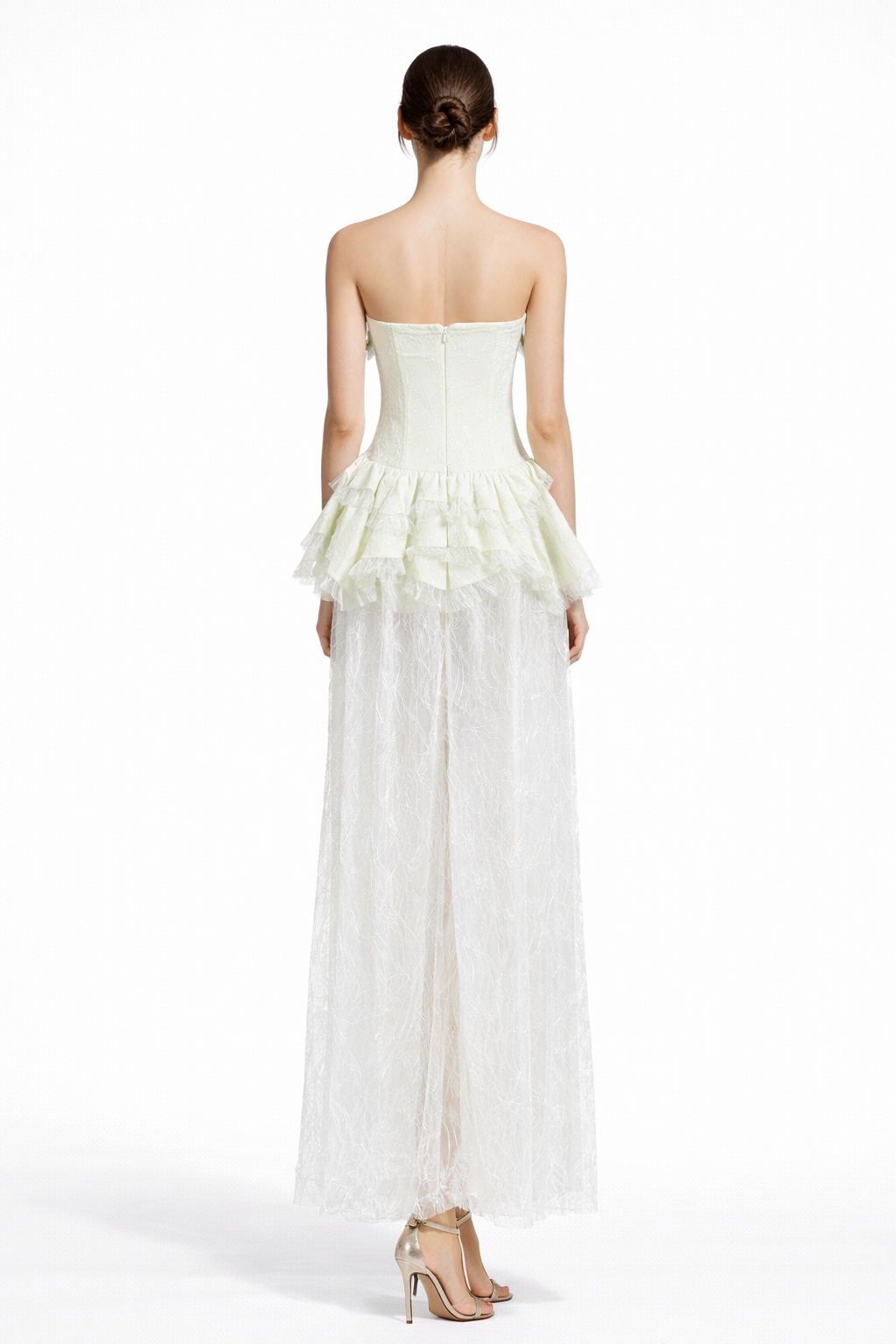 Strapless Lace Maxi Dress with Ruffled Peplum Detail – ELYSÉE