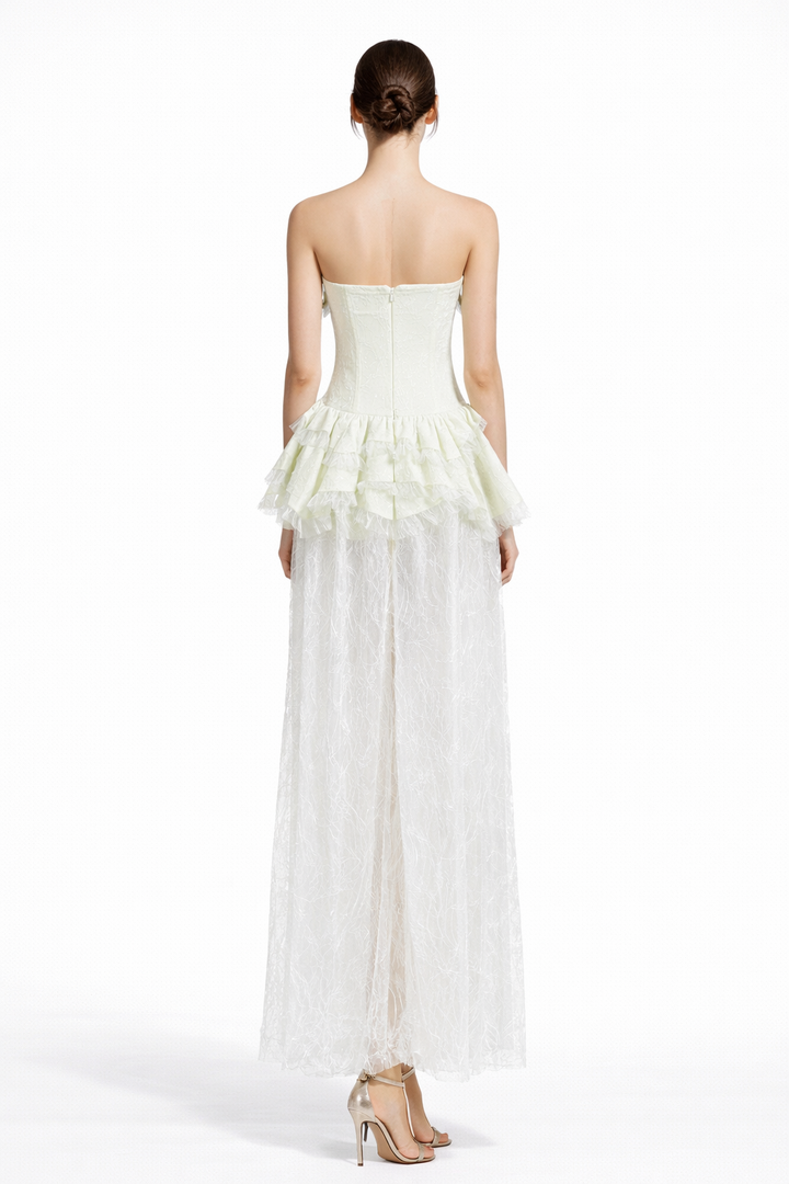 Strapless Lace Maxi Dress with Ruffled Peplum Detail – ELYSÉE