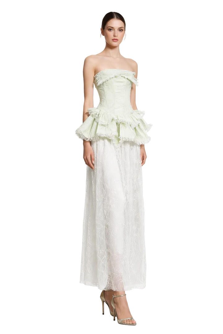Strapless Lace Maxi Dress with Ruffled Peplum Detail – ELYSÉE