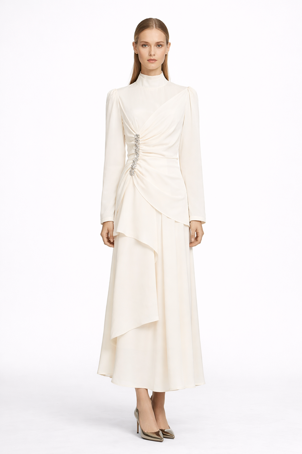 High-Neck Draped Maxi Dress with Crystal Accent – CELESTE
