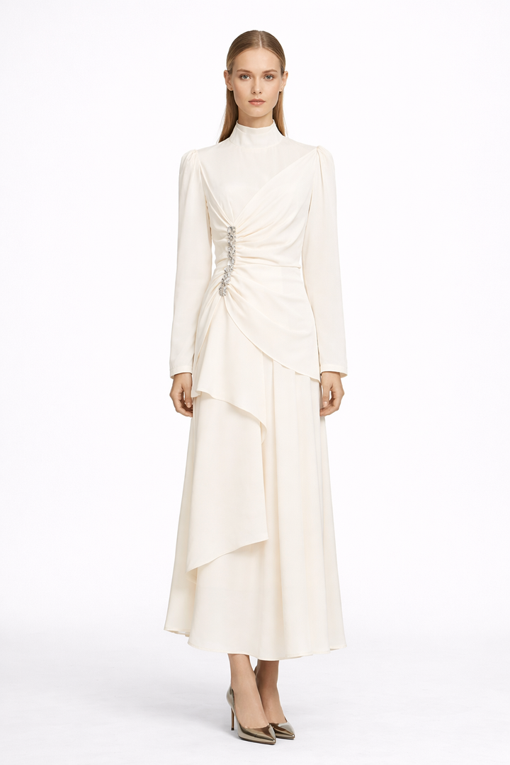 High-Neck Draped Maxi Dress with Crystal Accent – CELESTE