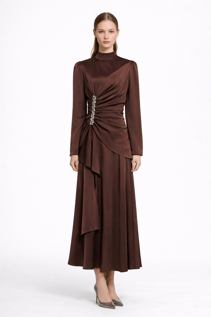 High-Neck Draped Maxi Dress with Crystal Accent – CELESTE