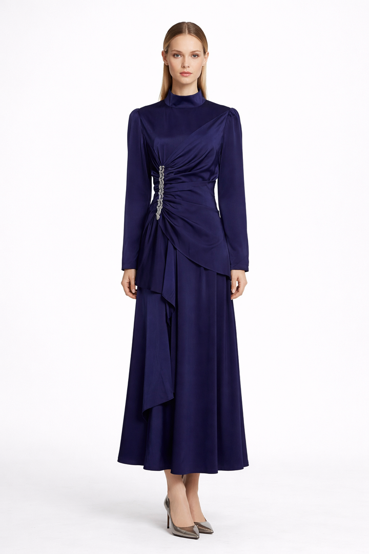 High-Neck Draped Maxi Dress with Crystal Accent – CELESTE
