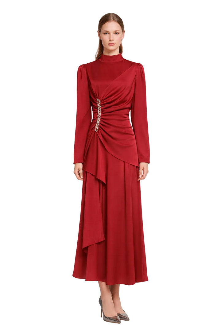 High-Neck Draped Maxi Dress with Crystal Accent – CELESTE