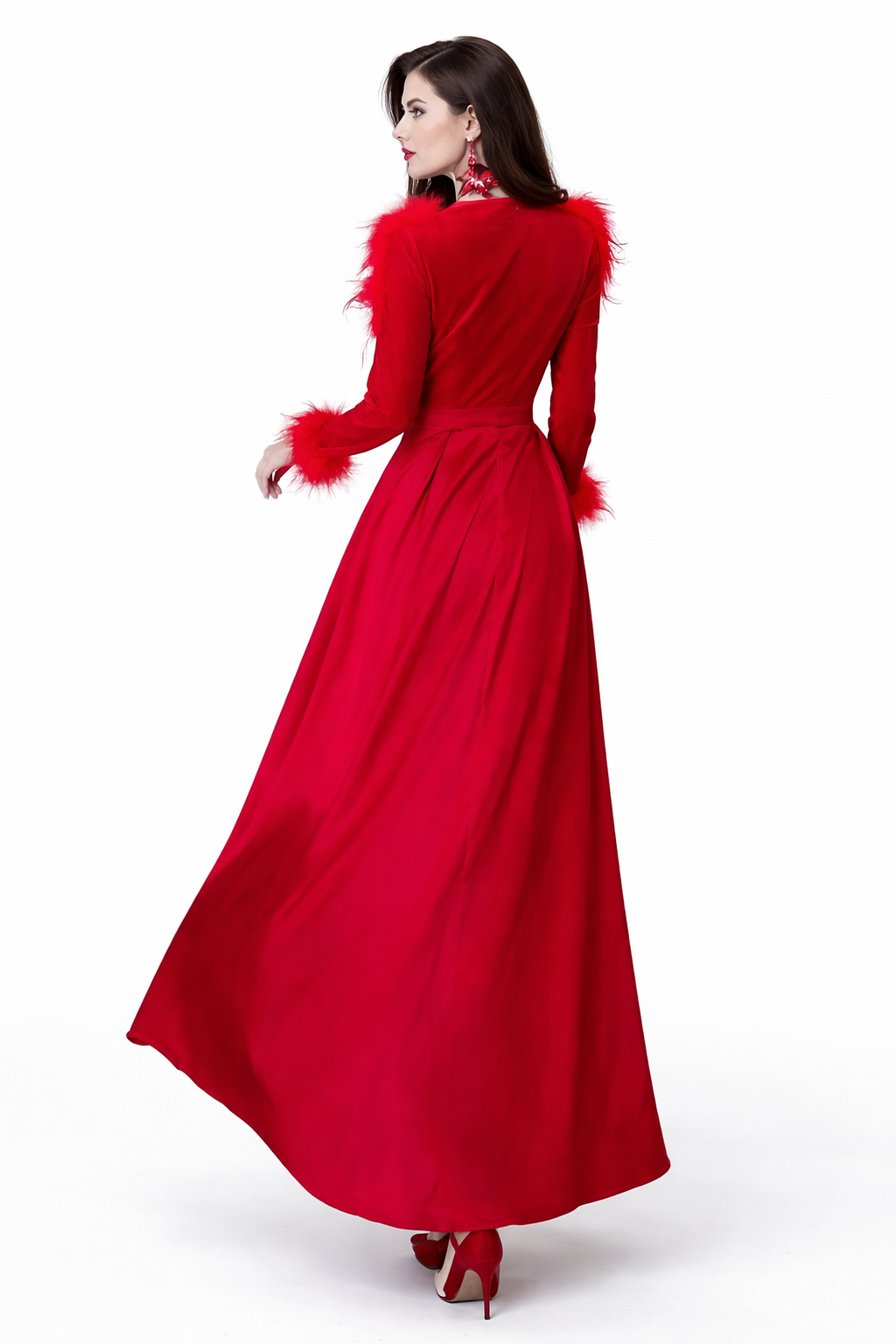 V-Neck Maxi Dress with Feathered Sleeves and Front Slit – SCARLETT