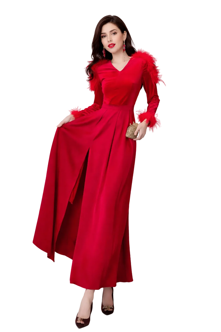 V-Neck Maxi Dress with Feathered Sleeves and Front Slit – SCARLETT