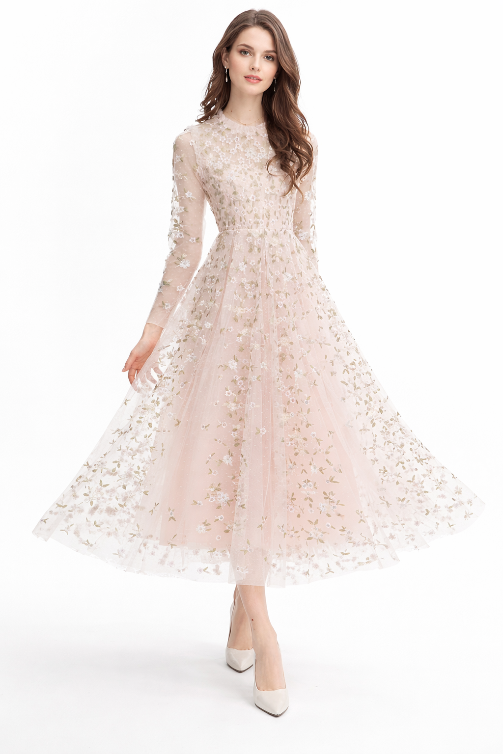 Embroidered Tulle Midi Dress with Long Sleeves – FLORIA