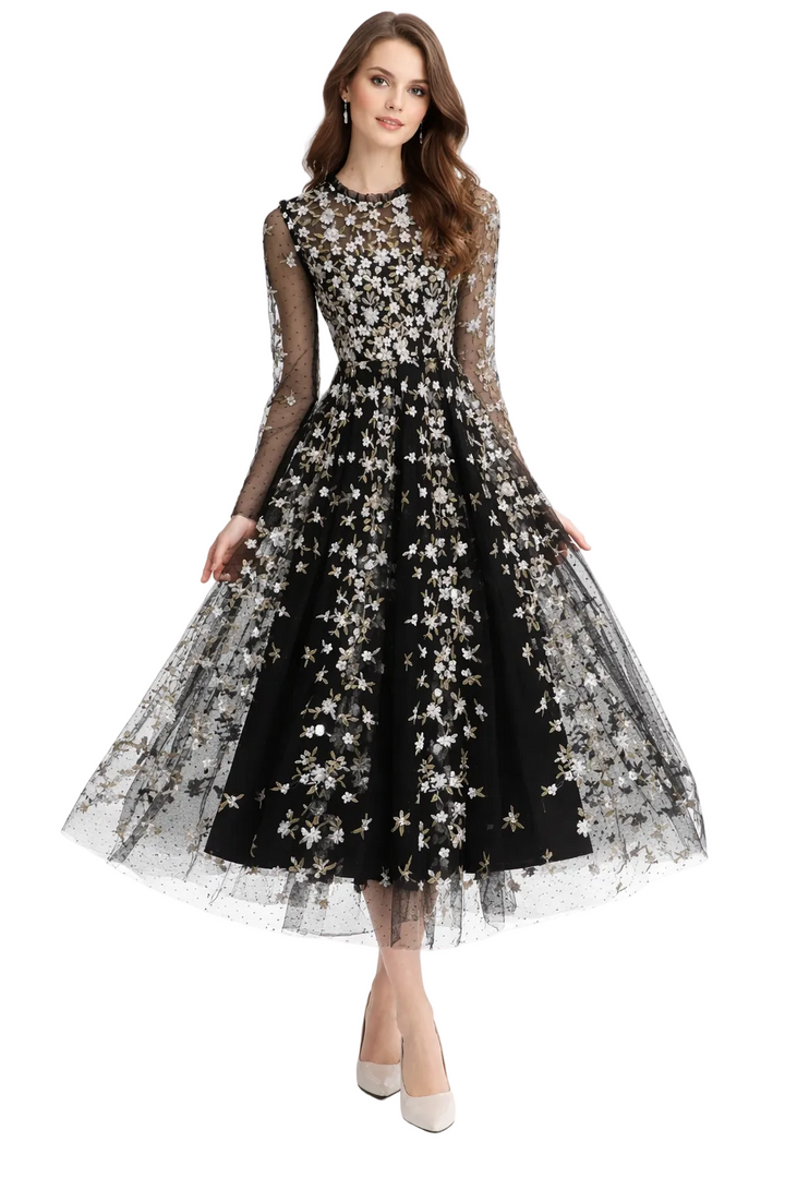 Embroidered Tulle Midi Dress with Long Sleeves – FLORIA