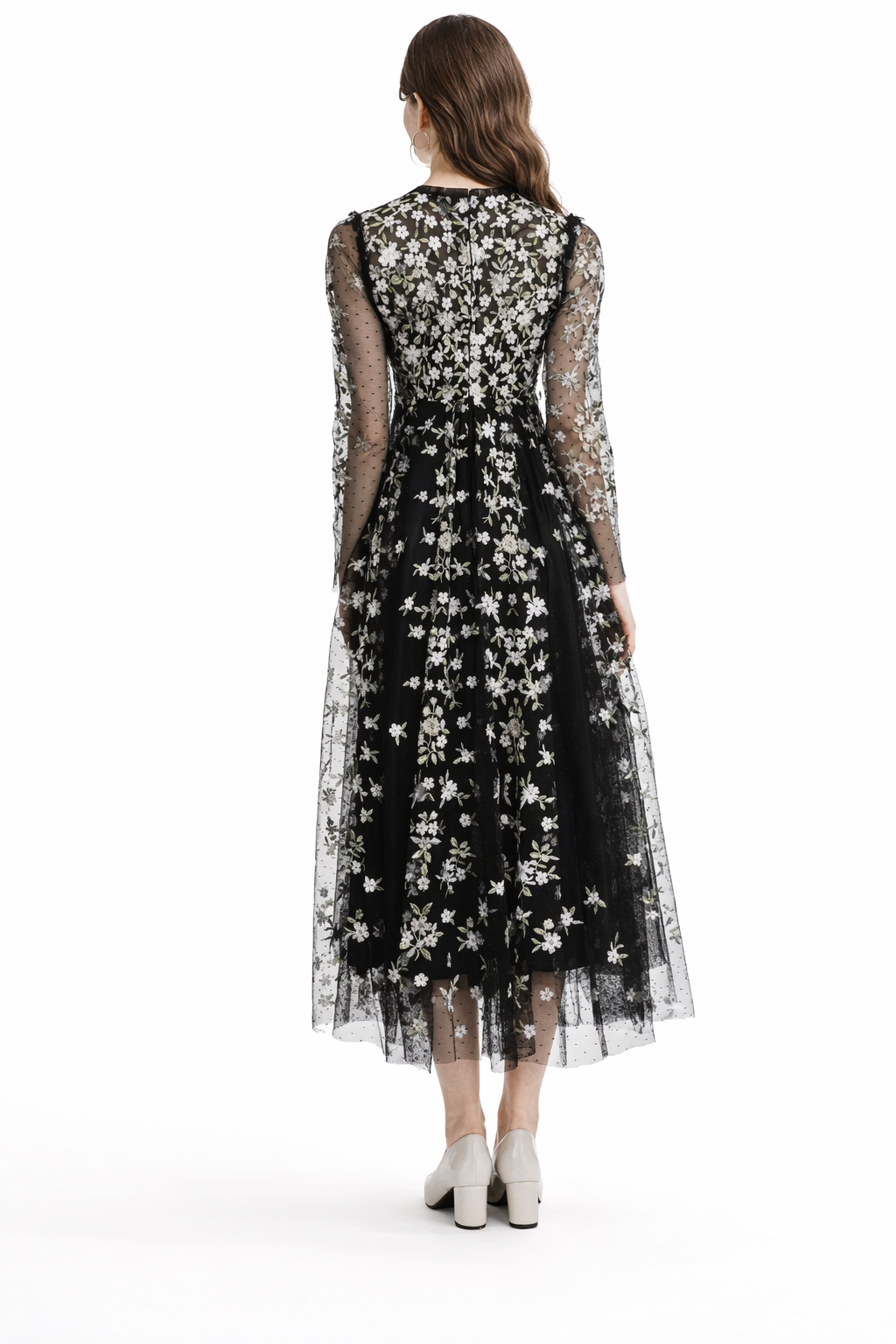 Embroidered Tulle Midi Dress with Long Sleeves – FLORIA