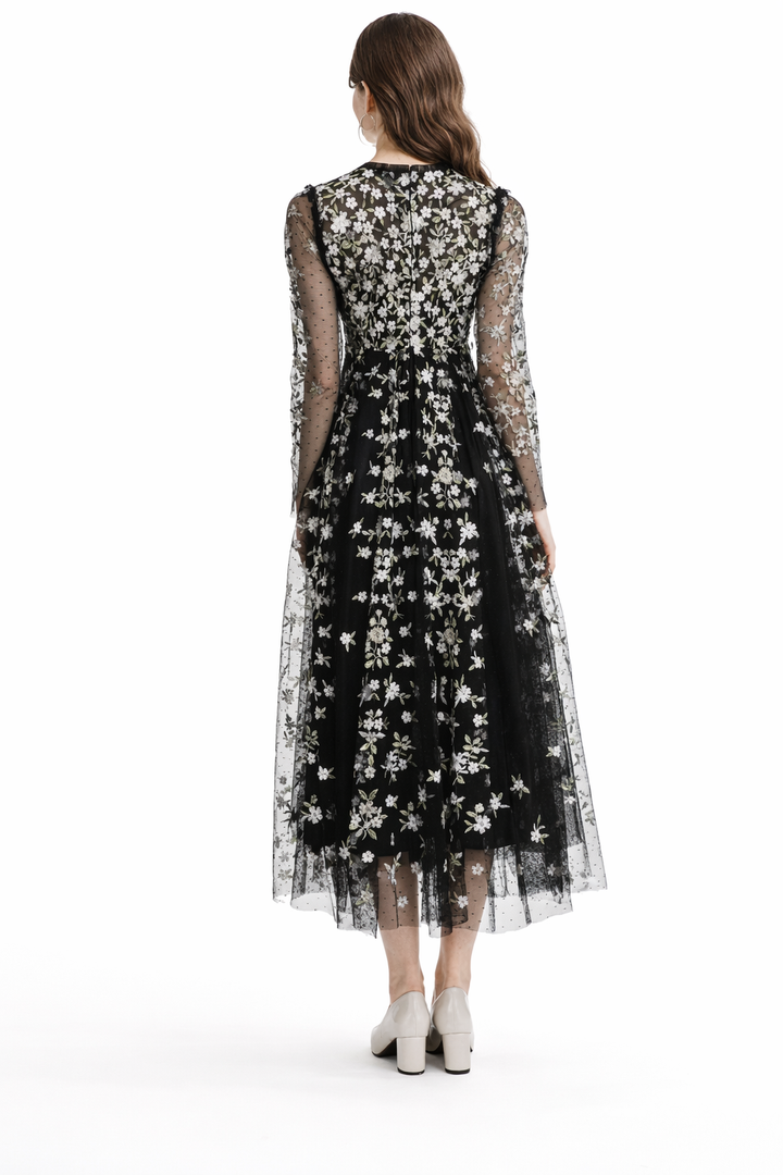 Embroidered Tulle Midi Dress with Long Sleeves – FLORIA