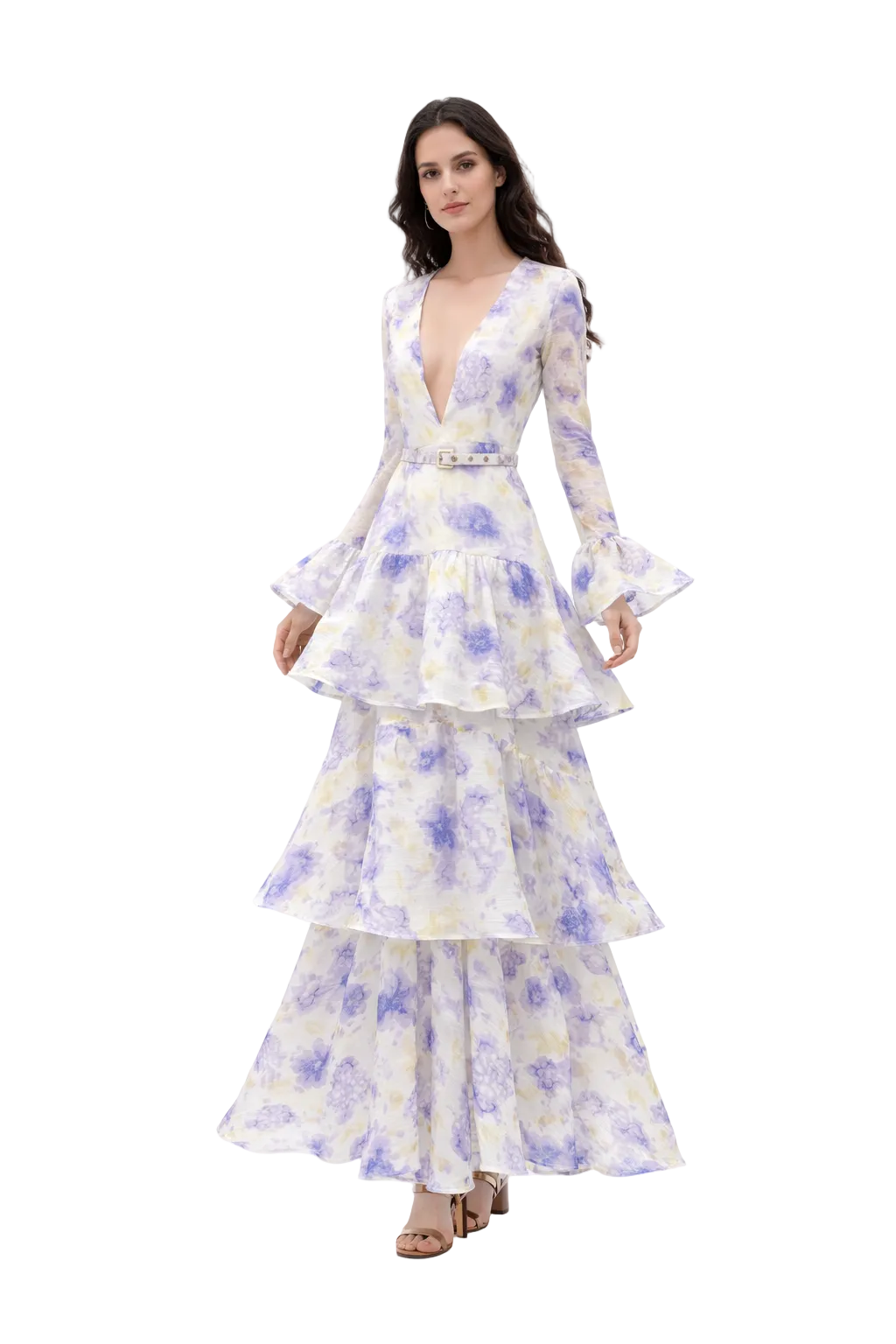 Floral Tiered Maxi Dress with Deep V-Neck and Flared Sleeves – DREAM