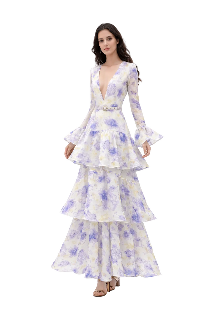 Floral Tiered Maxi Dress with Deep V-Neck and Flared Sleeves – DREAM