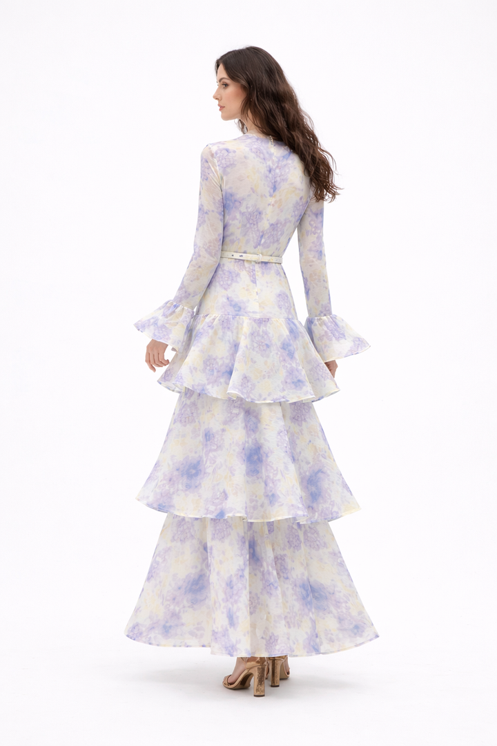 Floral Tiered Maxi Dress with Deep V-Neck and Flared Sleeves – DREAM