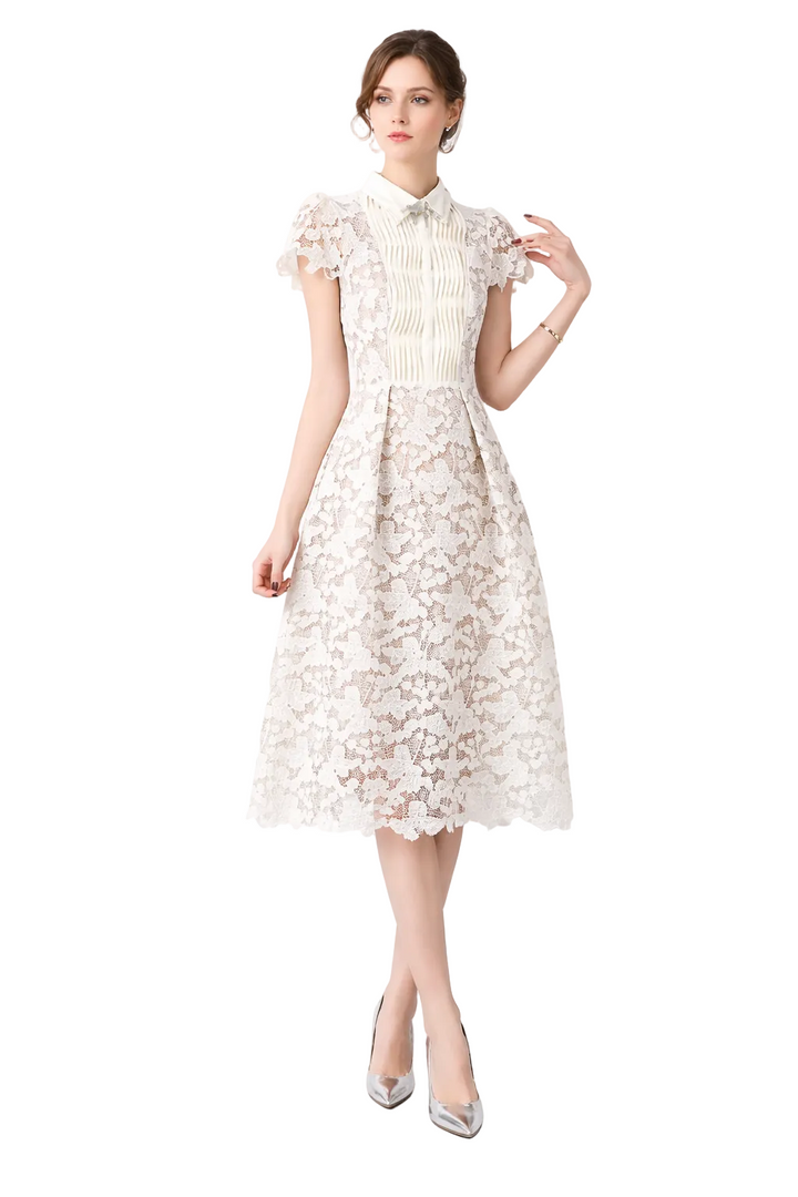 Lace Midi Dress with Pleated Bodice and Short Sleeves – ELISE
