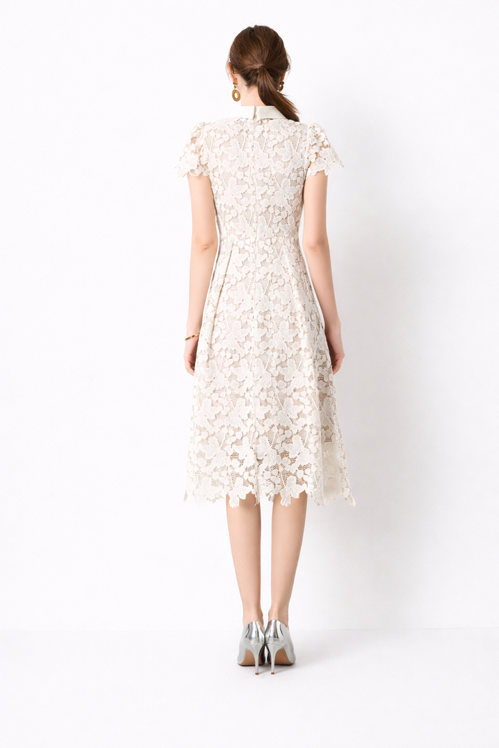 Lace Midi Dress with Pleated Bodice and Short Sleeves – ELISE
