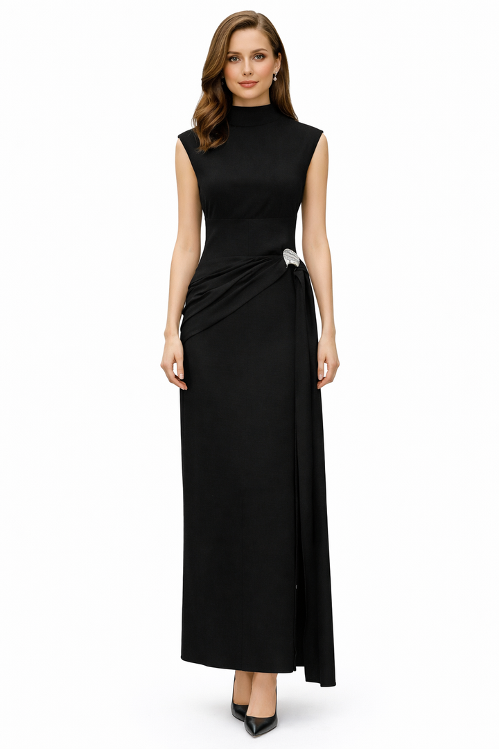 Sleeveless High-Neck Maxi Dress with Draped Waist Detail – GRACE