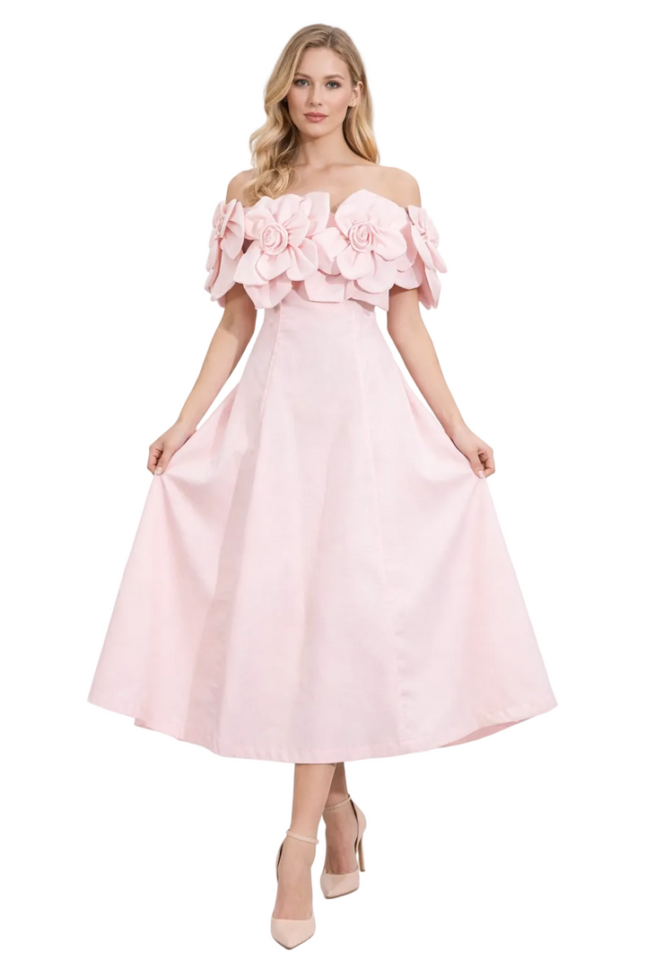 Off-Shoulder Floral Appliqué Midi Dress with A-Line Skirt – ROSÉ
