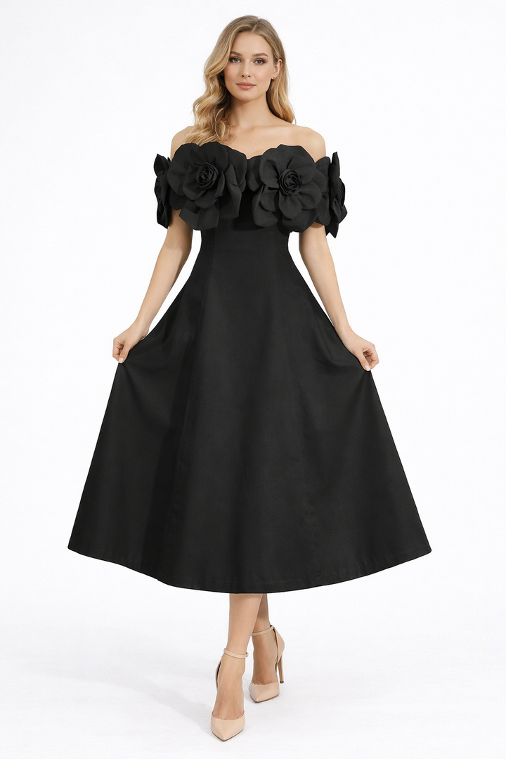 Off-Shoulder Floral Appliqué Midi Dress with A-Line Skirt – ROSÉ