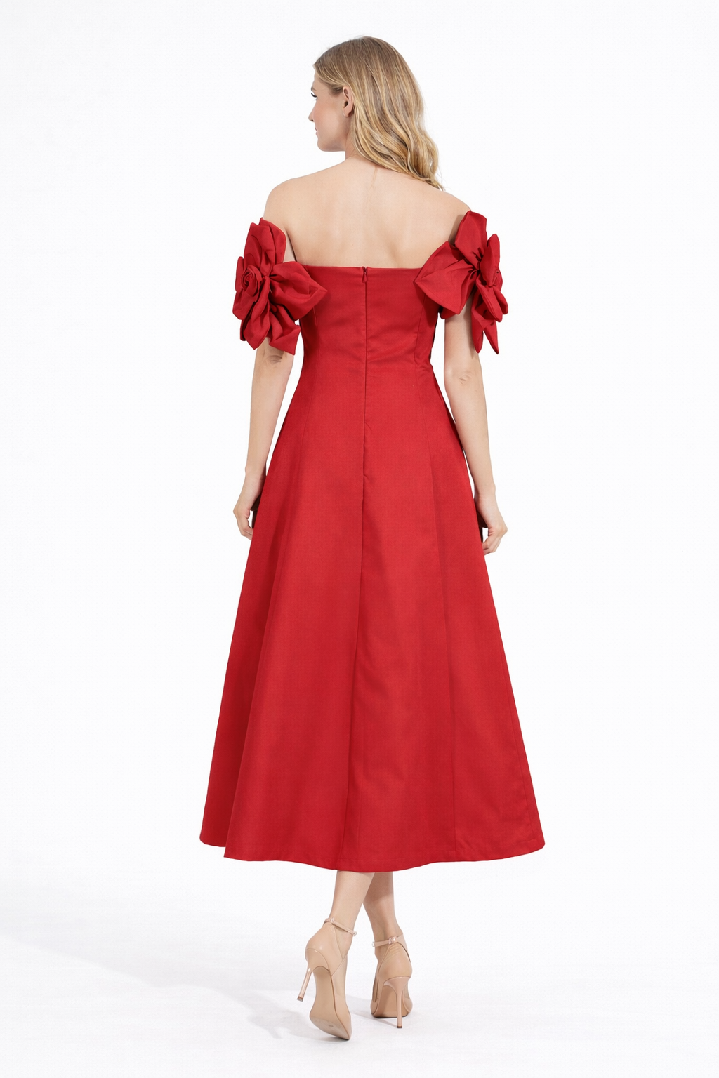 Off-Shoulder Floral Appliqué Midi Dress with A-Line Skirt – ROSÉ