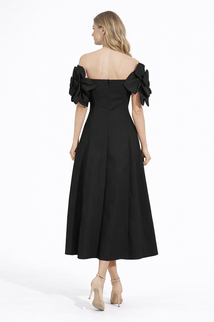 Off-Shoulder Floral Appliqué Midi Dress with A-Line Skirt – ROSÉ