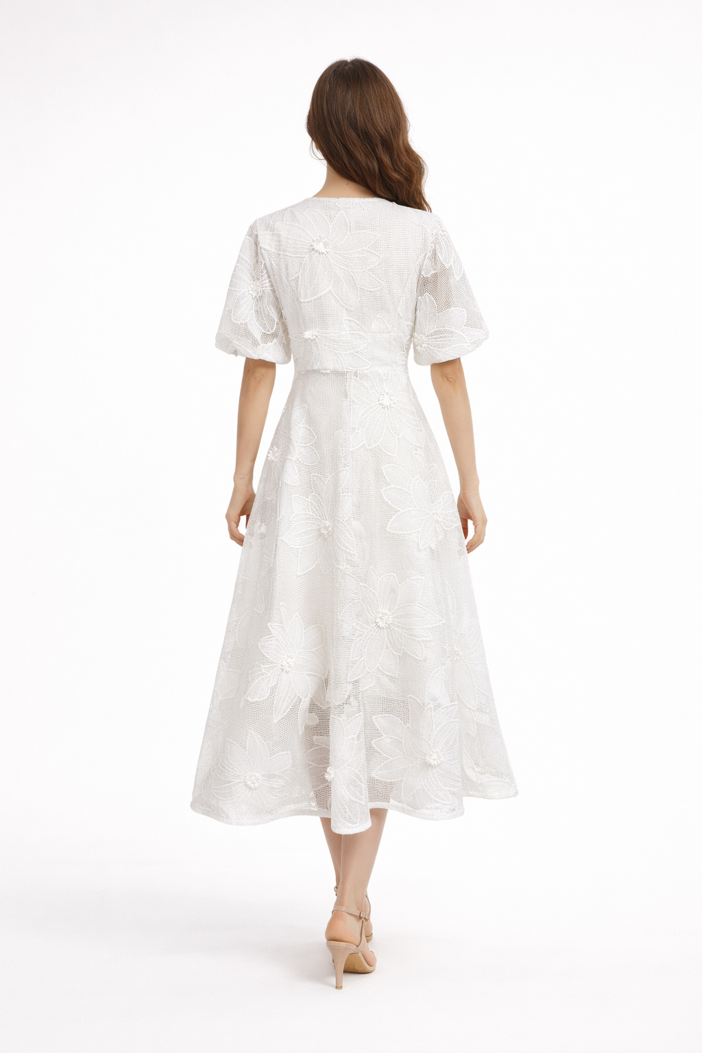 Embroidered Maxi Dress with Deep V-Neck and Puff Sleeves – LUMIÈRE