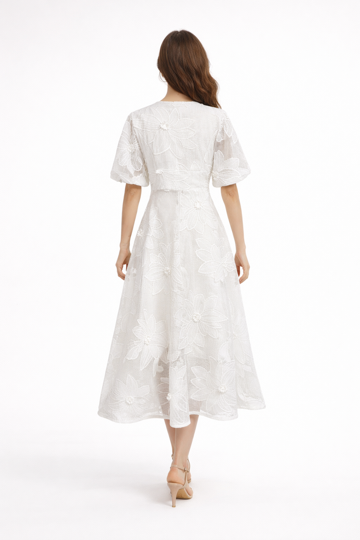 Embroidered Maxi Dress with Deep V-Neck and Puff Sleeves – LUMIÈRE