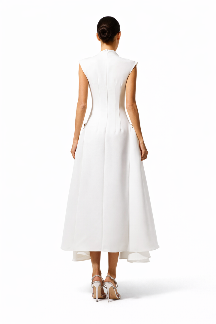 sleeveless high-neck midi dress with fluid hemline – ELHEIW