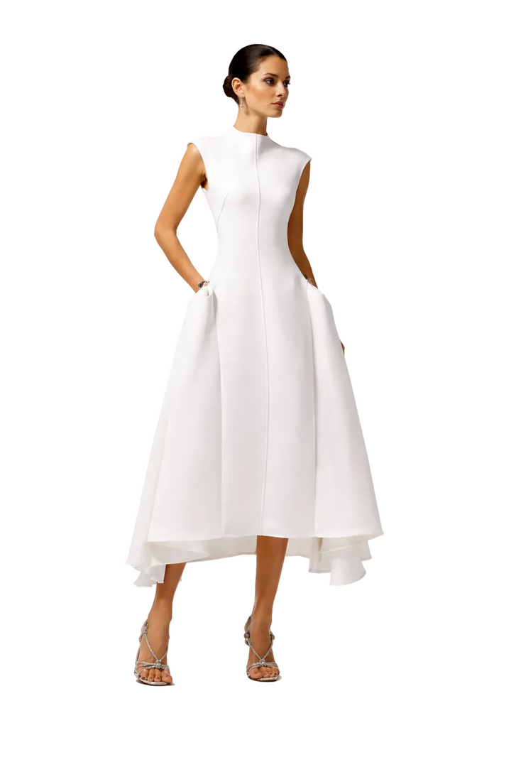 sleeveless high-neck midi dress with fluid hemline – ELHEIW