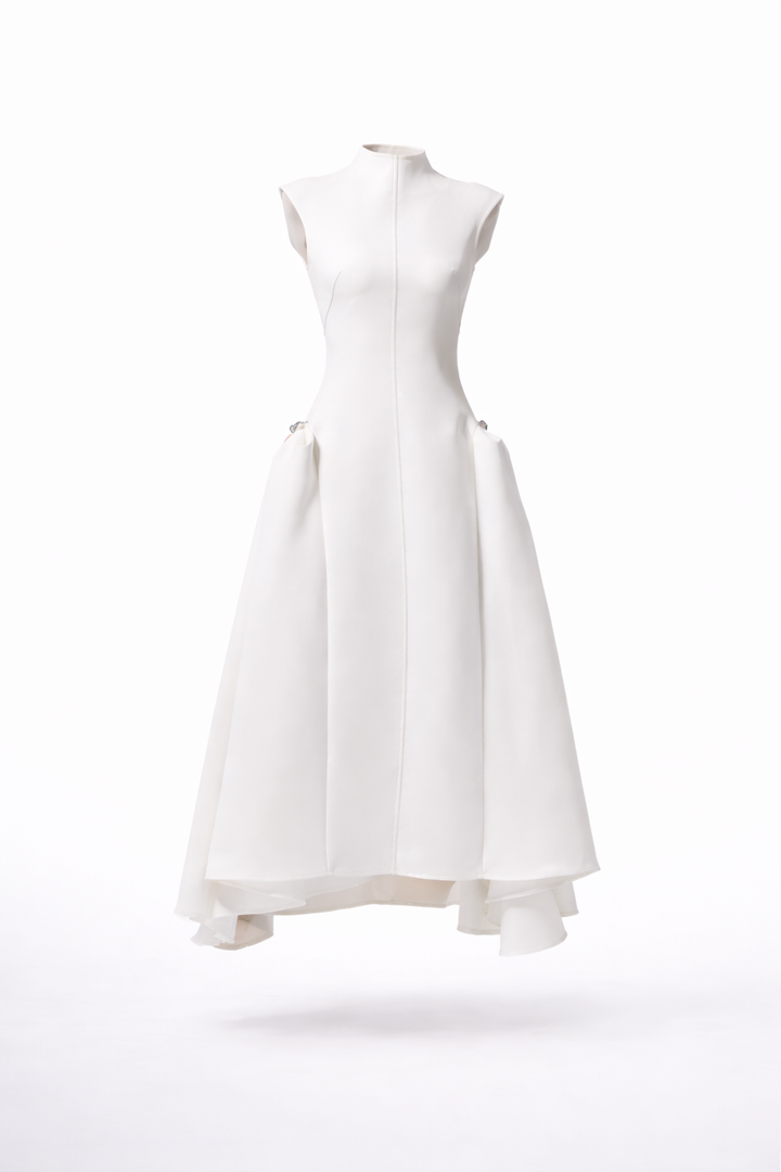 sleeveless high-neck midi dress with fluid hemline – ELHEIW
