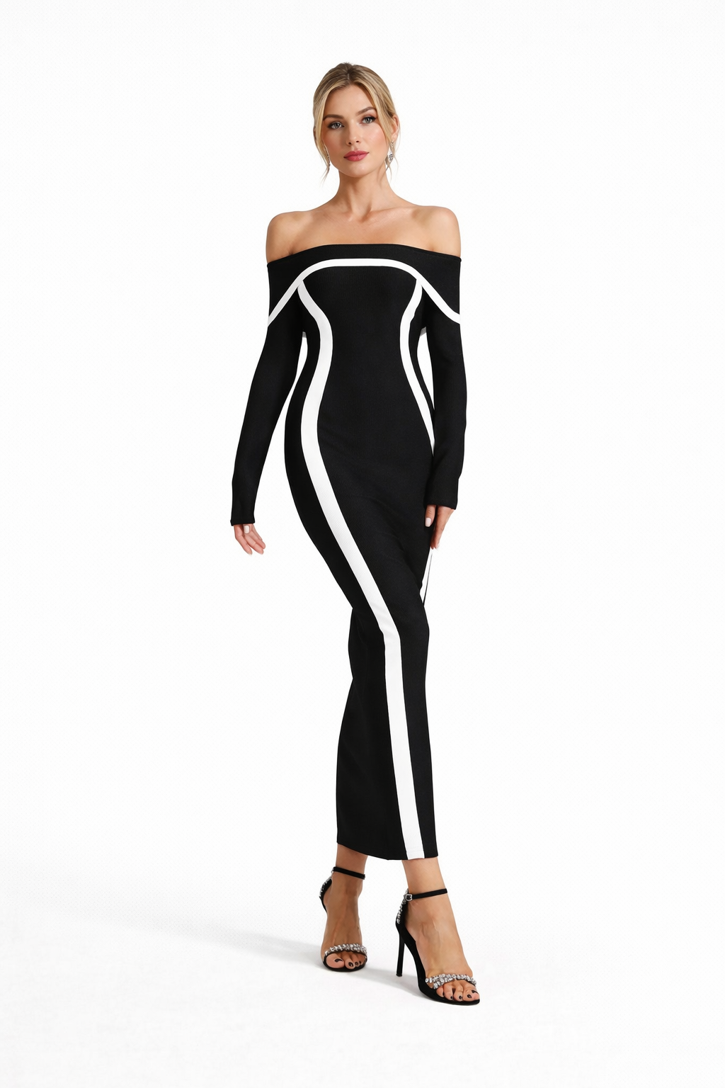 off-shoulder contrast-trim column maxi dress – MONO