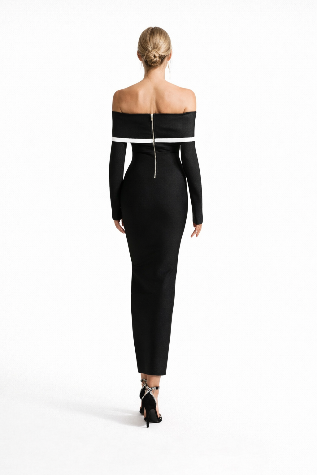 off-shoulder contrast-trim column maxi dress – MONO