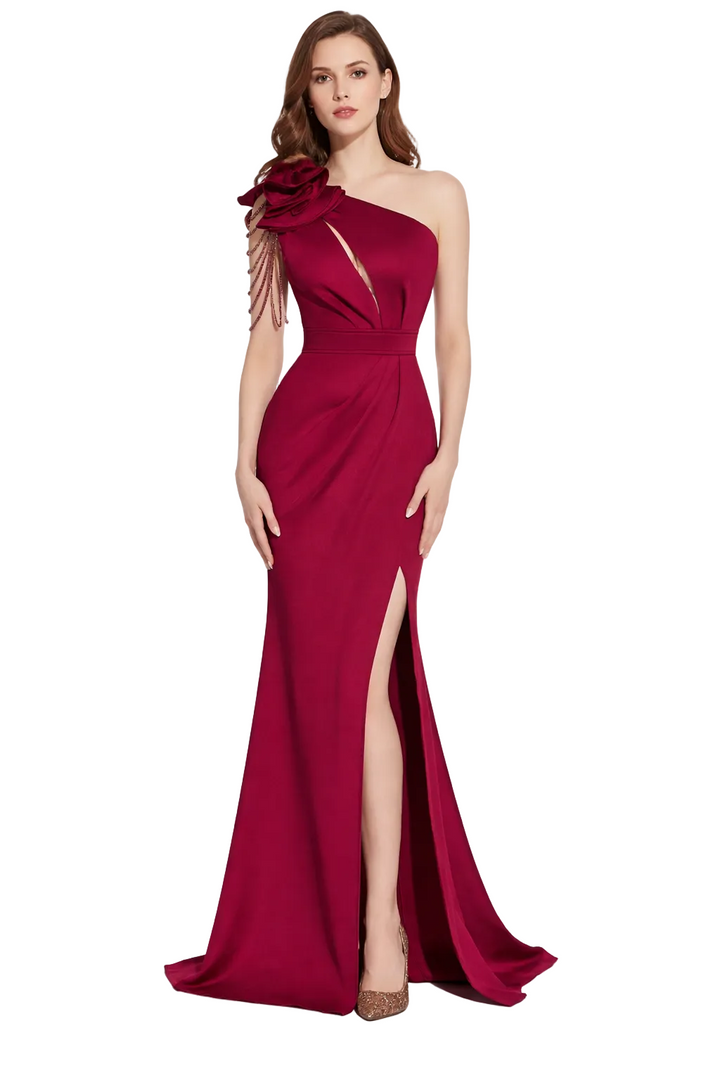 one-shoulder maxi dress with floral appliqué and thigh-high slit – RUBY