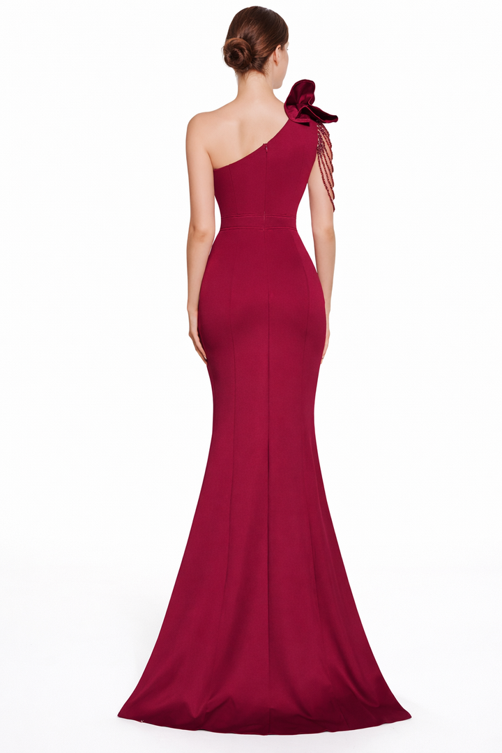one-shoulder maxi dress with floral appliqué and thigh-high slit – RUBY
