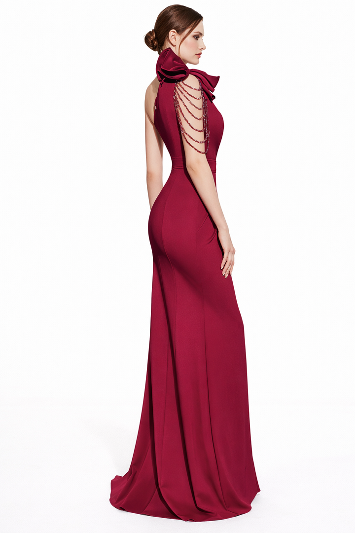 one-shoulder maxi dress with floral appliqué and thigh-high slit – RUBY