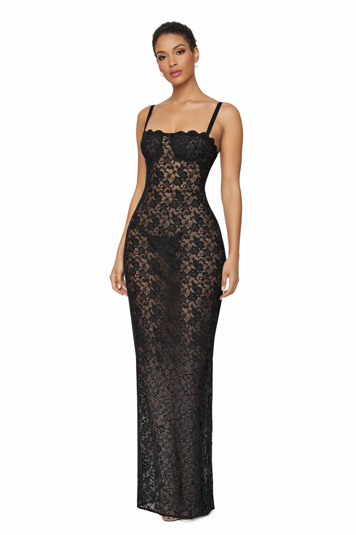 lace sheer column maxi dress with adjustable straps – LACE