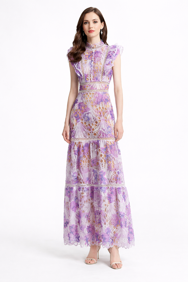 Sleeveless Lace Maxi Dress with Ruffled High Neck – FLORÉA