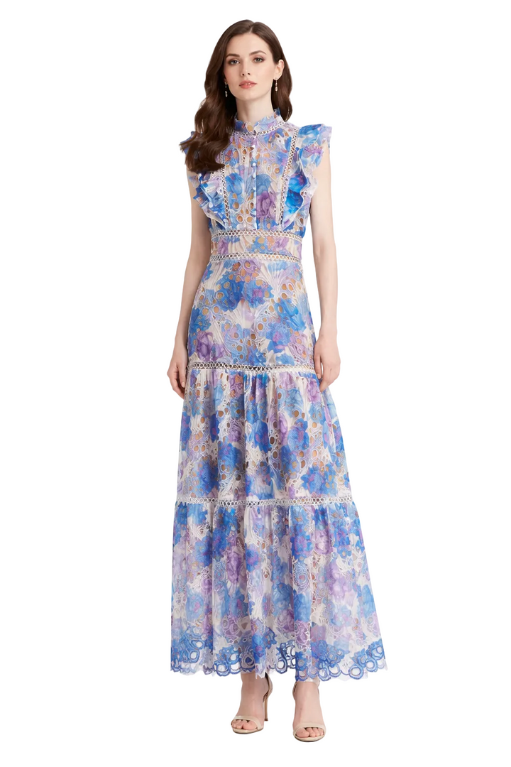 Sleeveless Lace Maxi Dress with Ruffled High Neck – FLORÉA