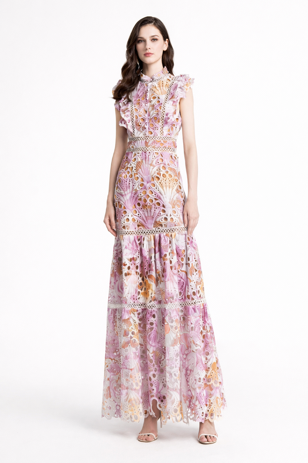 Sleeveless Lace Maxi Dress with Ruffled High Neck – FLORÉA