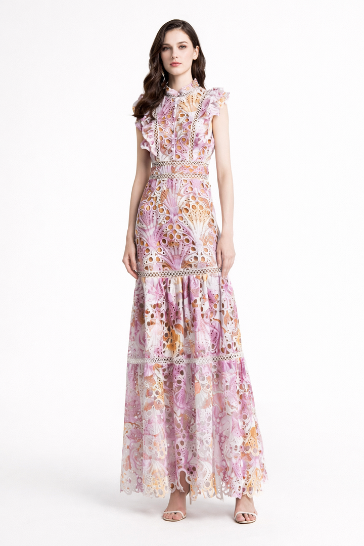Sleeveless Lace Maxi Dress with Ruffled High Neck – FLORÉA