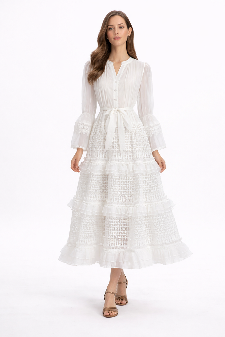 Long Sleeve Lace Maxi Dress with Tie Waist – AMBERA
