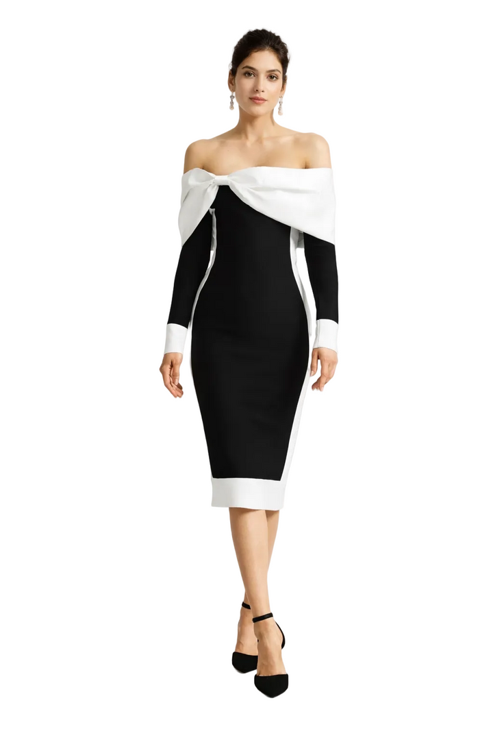 Off-Shoulder Bodycon Midi Dress with Contrast Trim – ELHENAWY