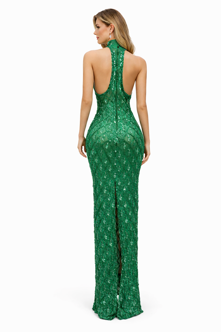emerald halter neck embellished gown – VERDANTÉ