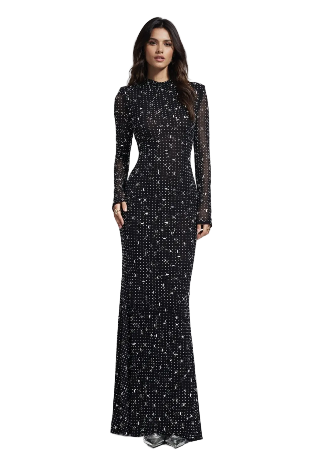 long sleeve embellished mesh maxi dress – STELLARA