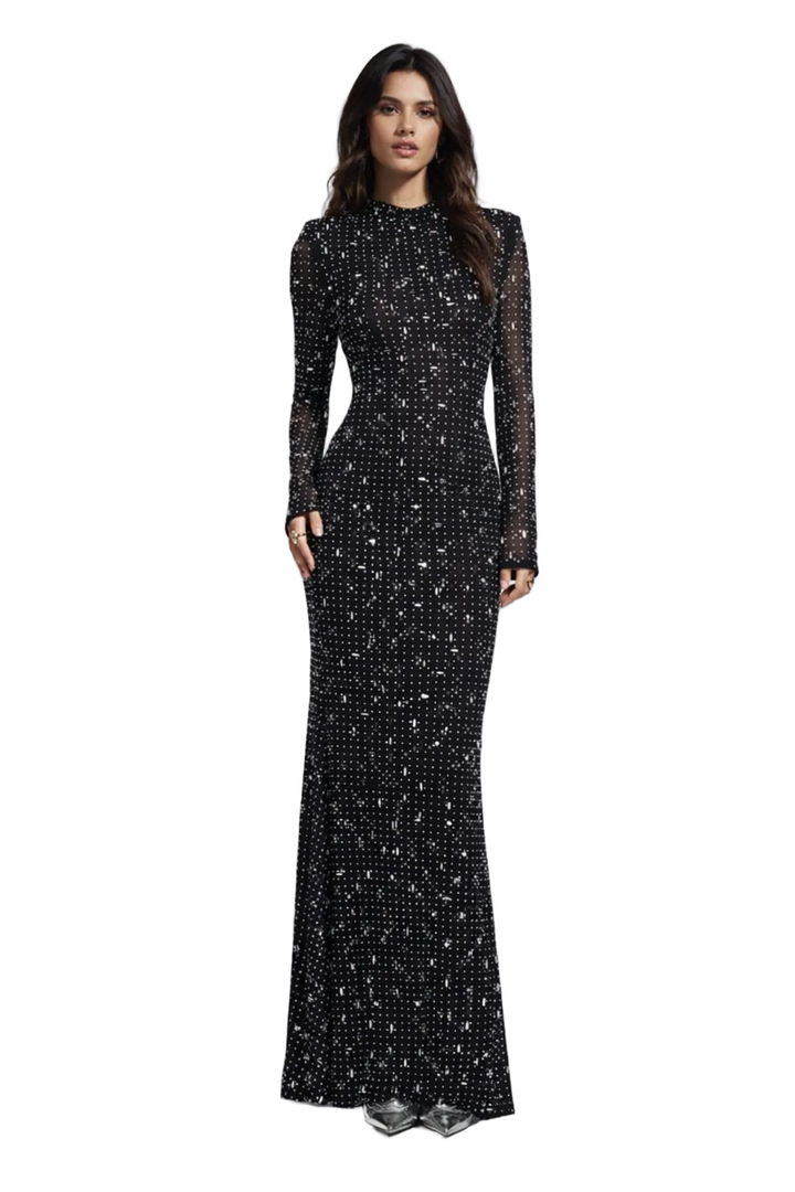long sleeve embellished mesh maxi dress – STELLARA