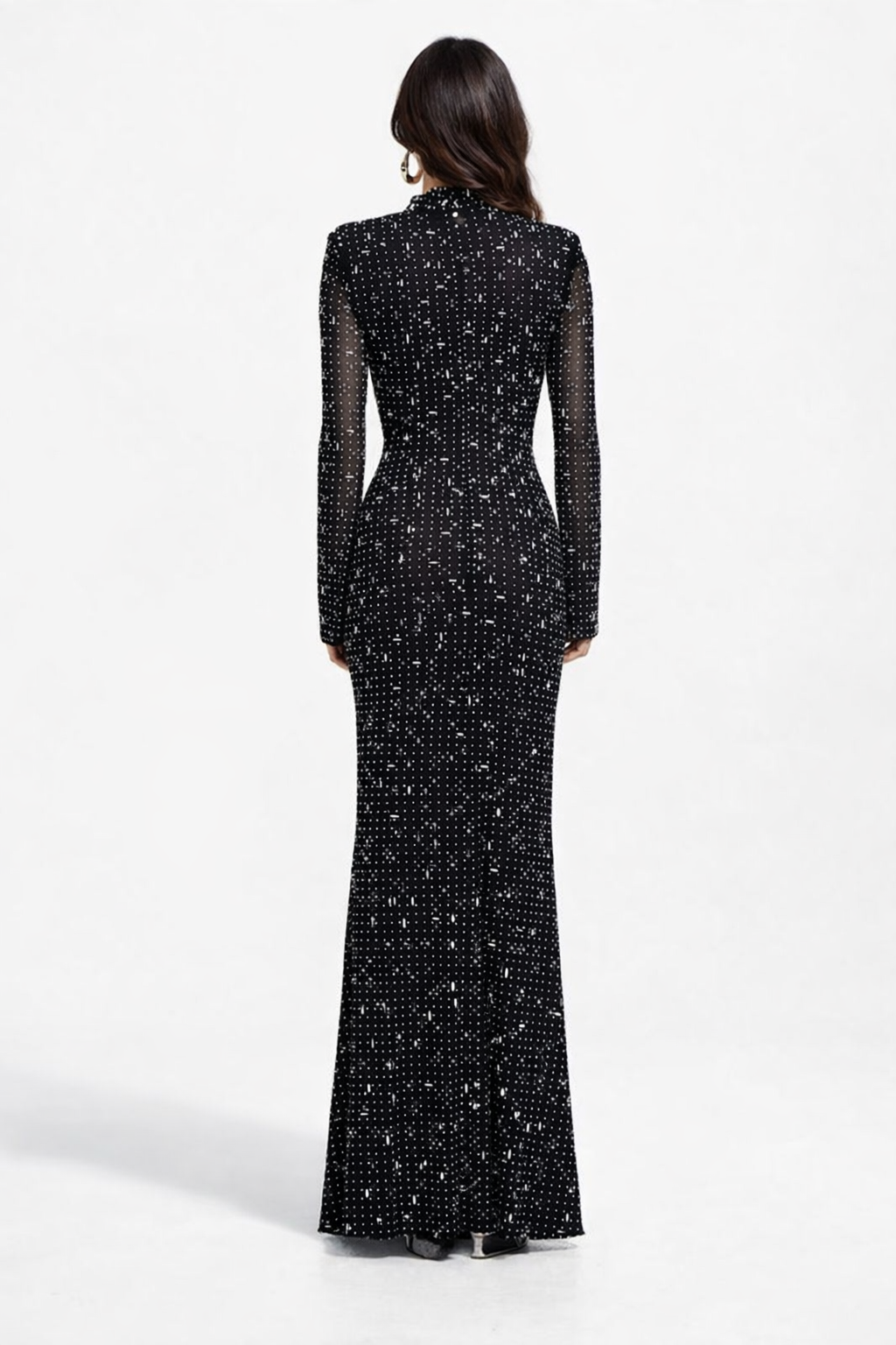 long sleeve embellished mesh maxi dress – STELLARA