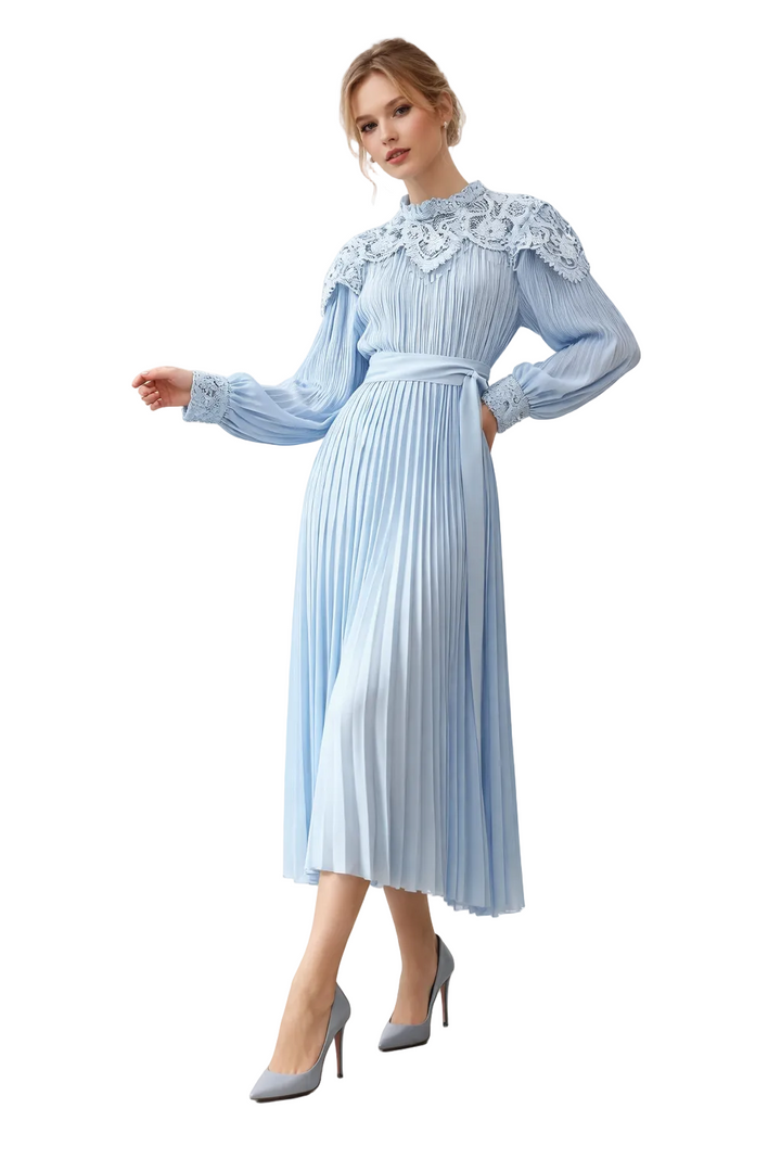 pleated midi dress with lace yoke and tie waist – AZURÉE